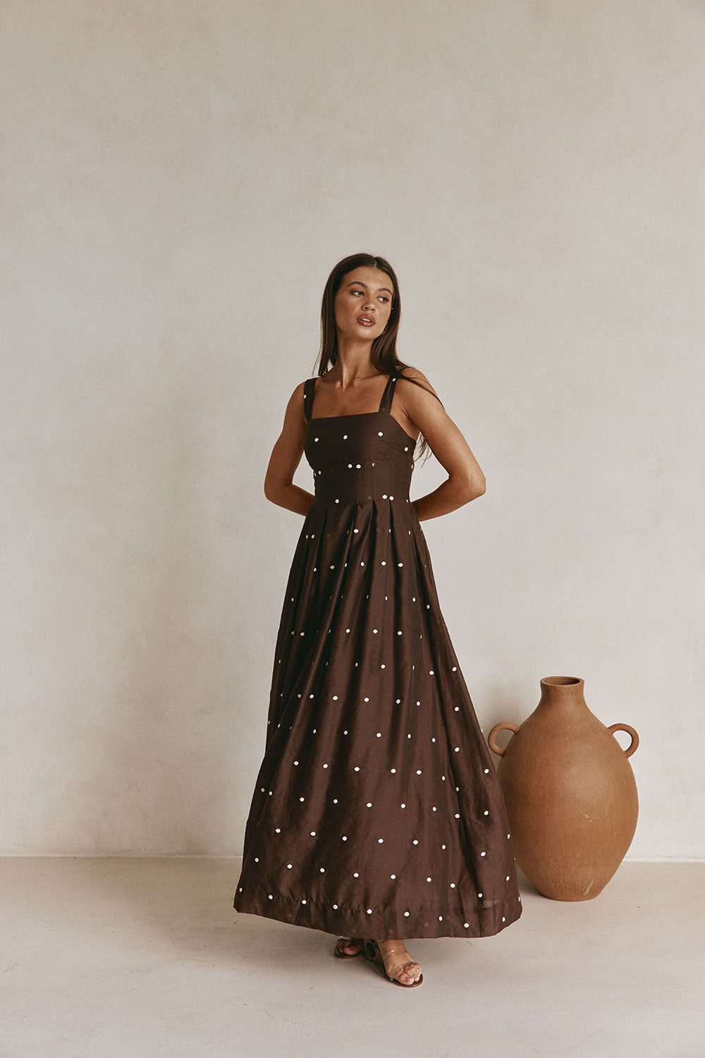 Chocolate Speck Polka Dot Pin Tuck Maxi Flores Dress