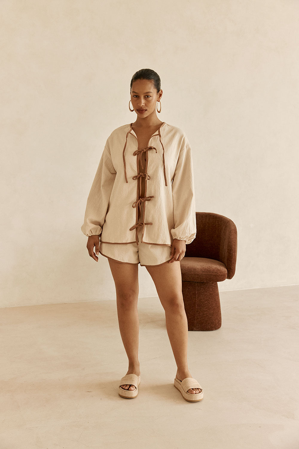 Beige High Waist Elastic Drawstring Paloma Shorts