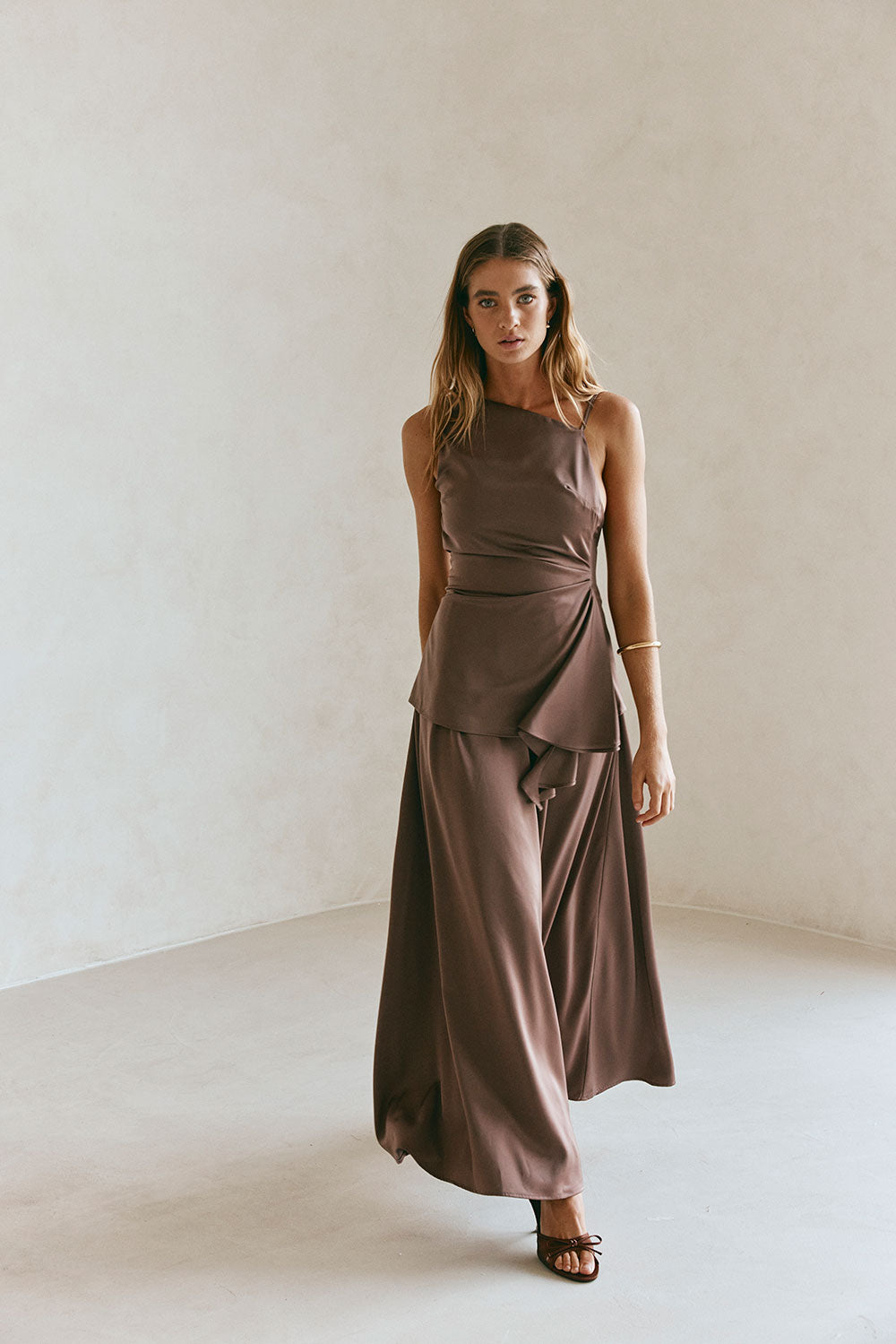 Chocolate Brown Asymmetric Ruched Backless Hailey Top