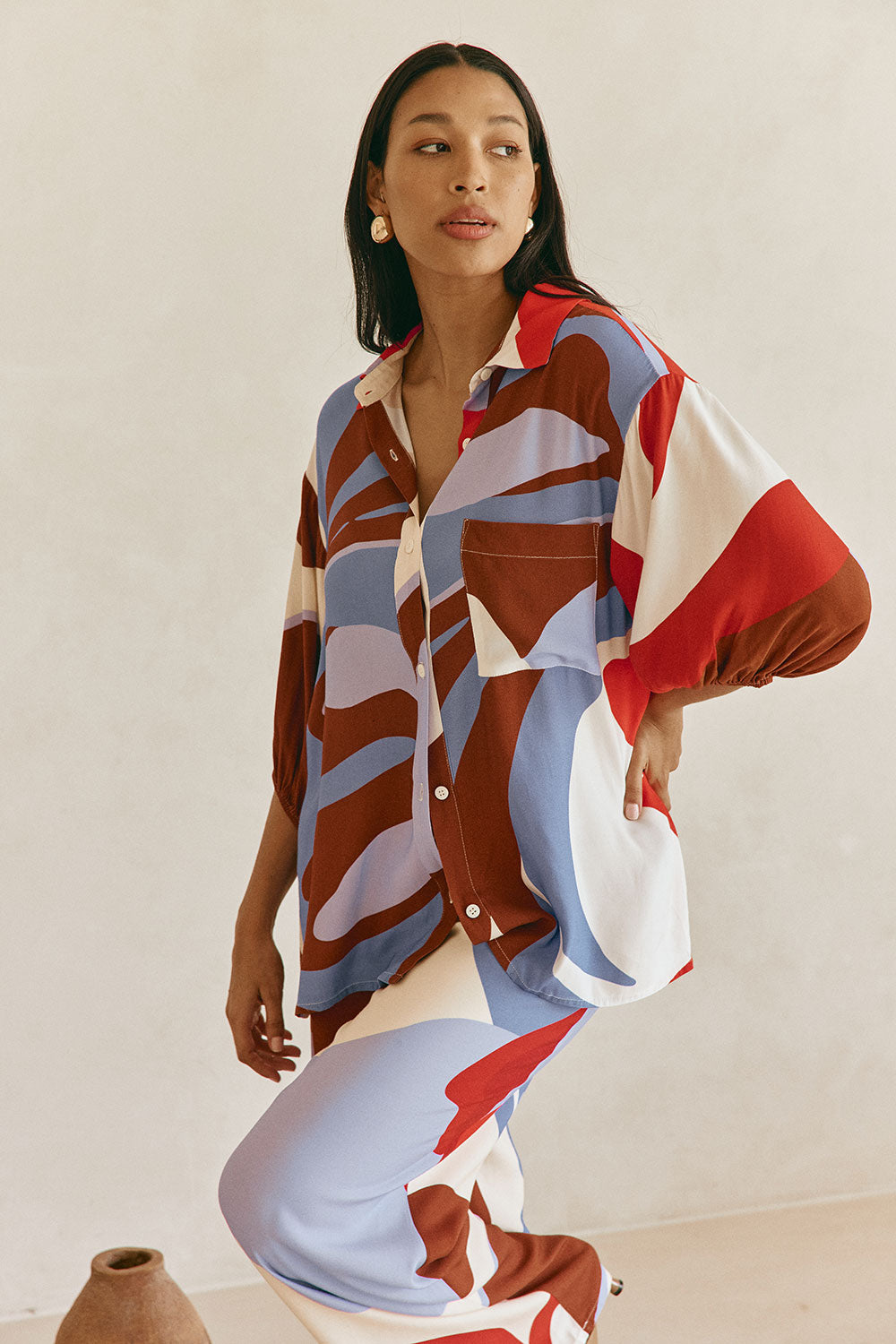 Valley Red Print Button Up Short Sleeve Dia Top