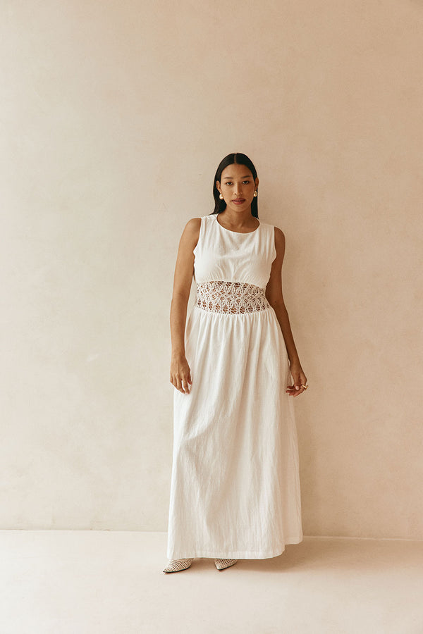 White Cotton Lace Gathered Maxi Cora Dress