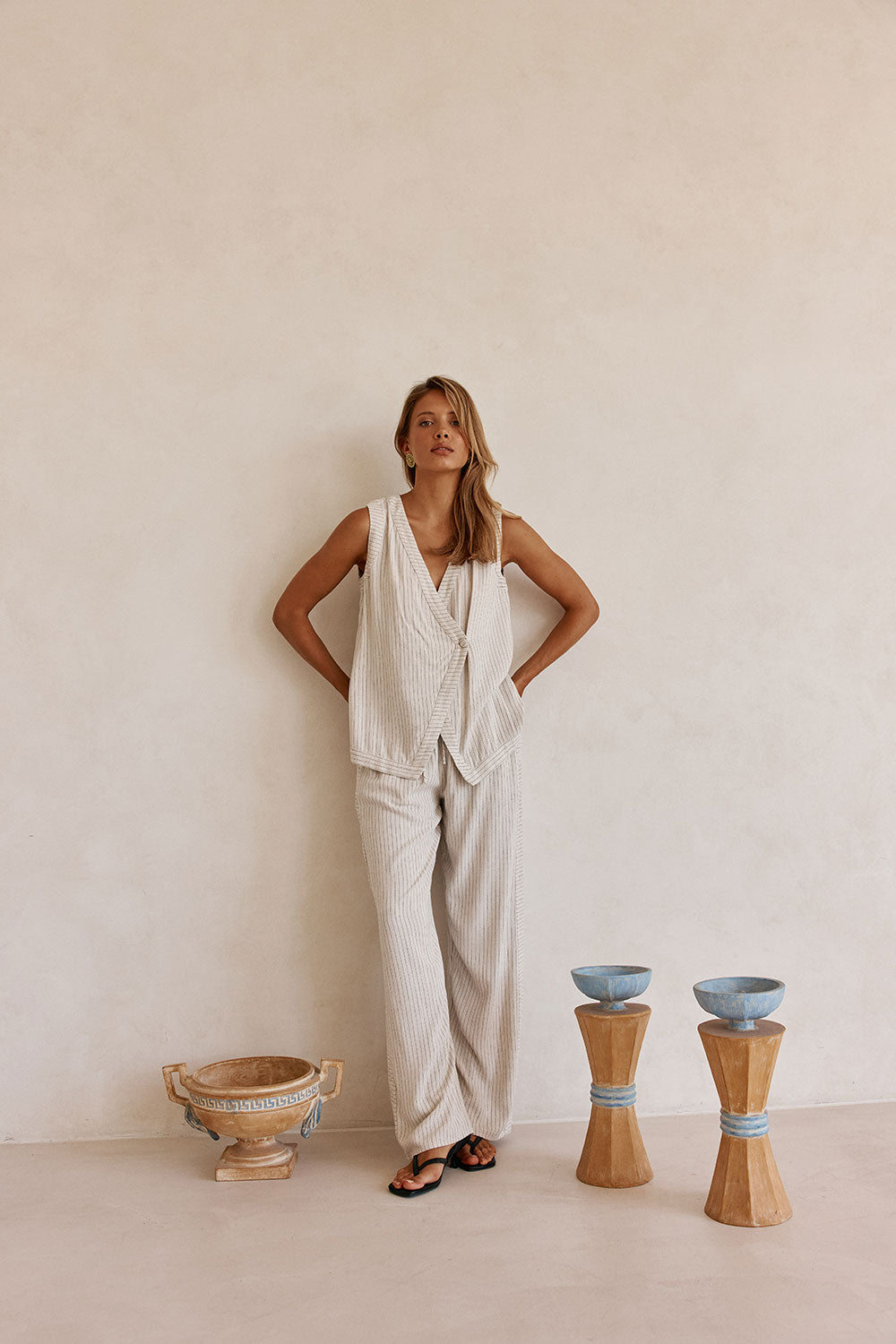 Cream and Black Pinstripe Wrap Capri Top
