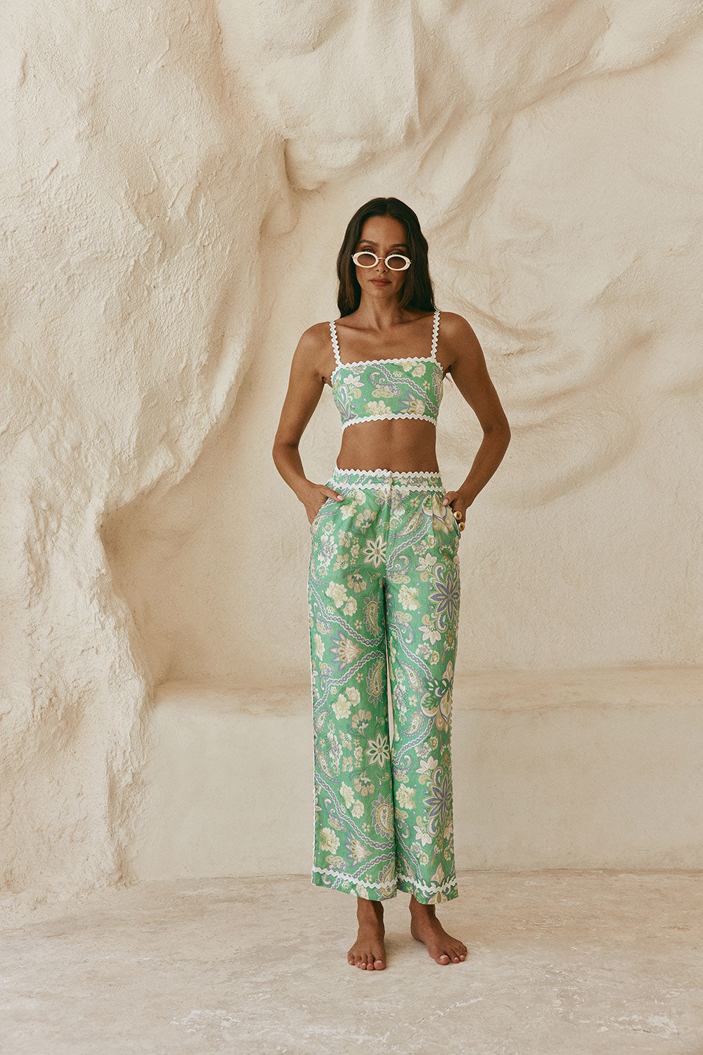 Green Floral Heritage Print Kelia Crop Top