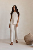 Beige Cotton Knit Elastic High Waist Maxine Pants