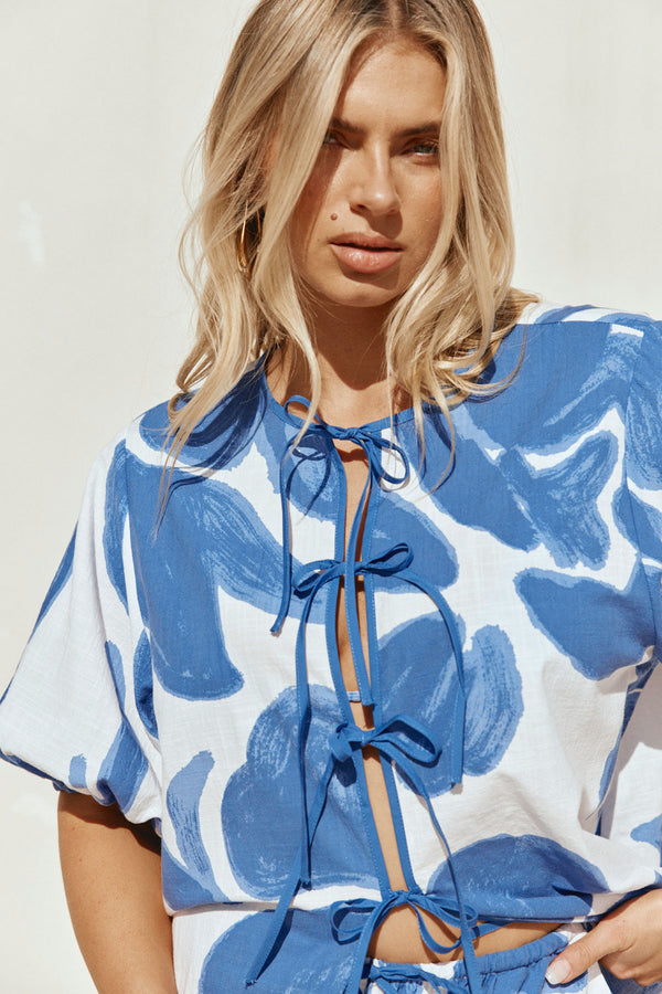 Blue Ada Flora Print Tie Puff Sleeve Pax Top