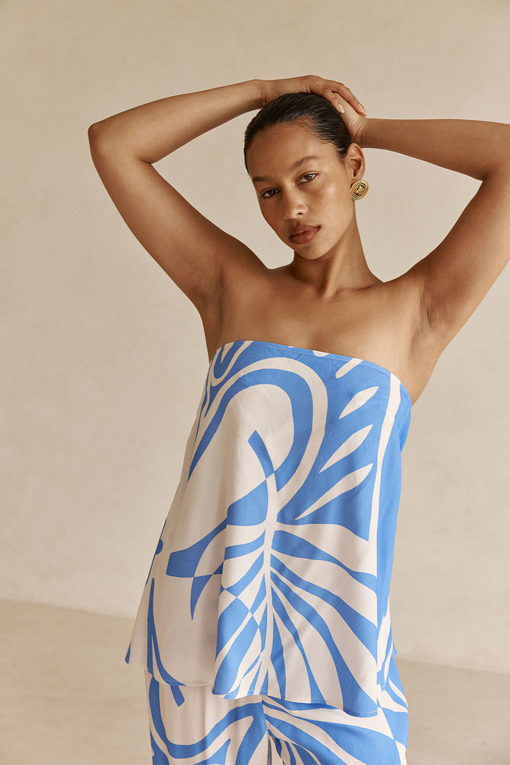 Palm Blue Print Strapless Alma Top