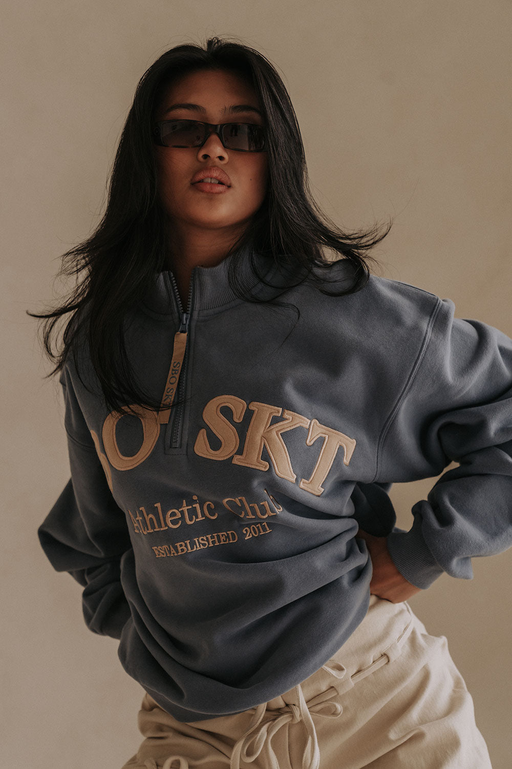 Montpellier Oversized Vintage Sweater - Fleece Blue, Tan