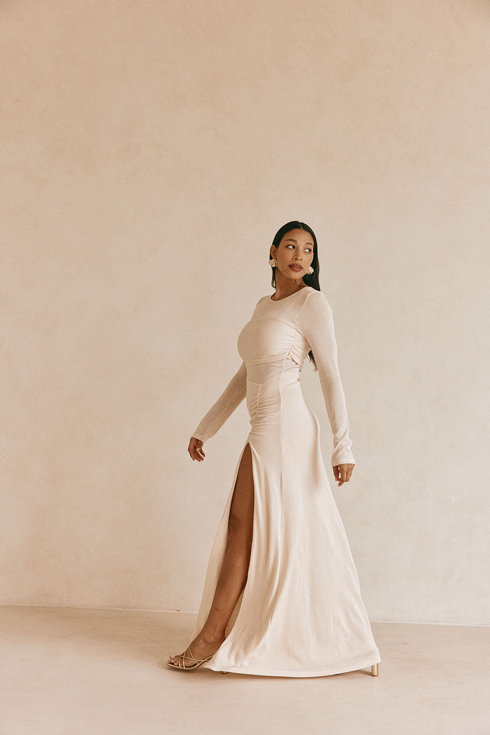 Beige Long Sleeve Slit Maxi Kay Dress 