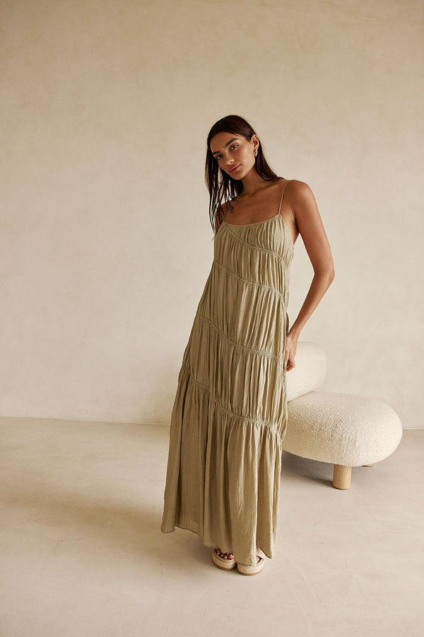 Khaki Taupe Green Ruched Maxi Daysia Dress