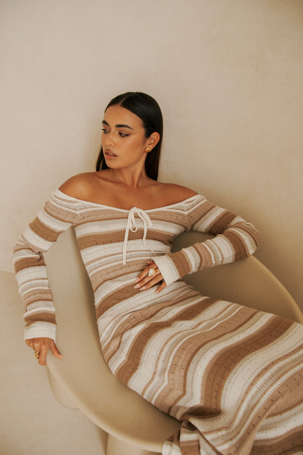 Tameeka Knit Maxi Dress - Stripe White Brown Grey