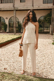 Beige Textured Knit Elastic High Waist Amirah Pants