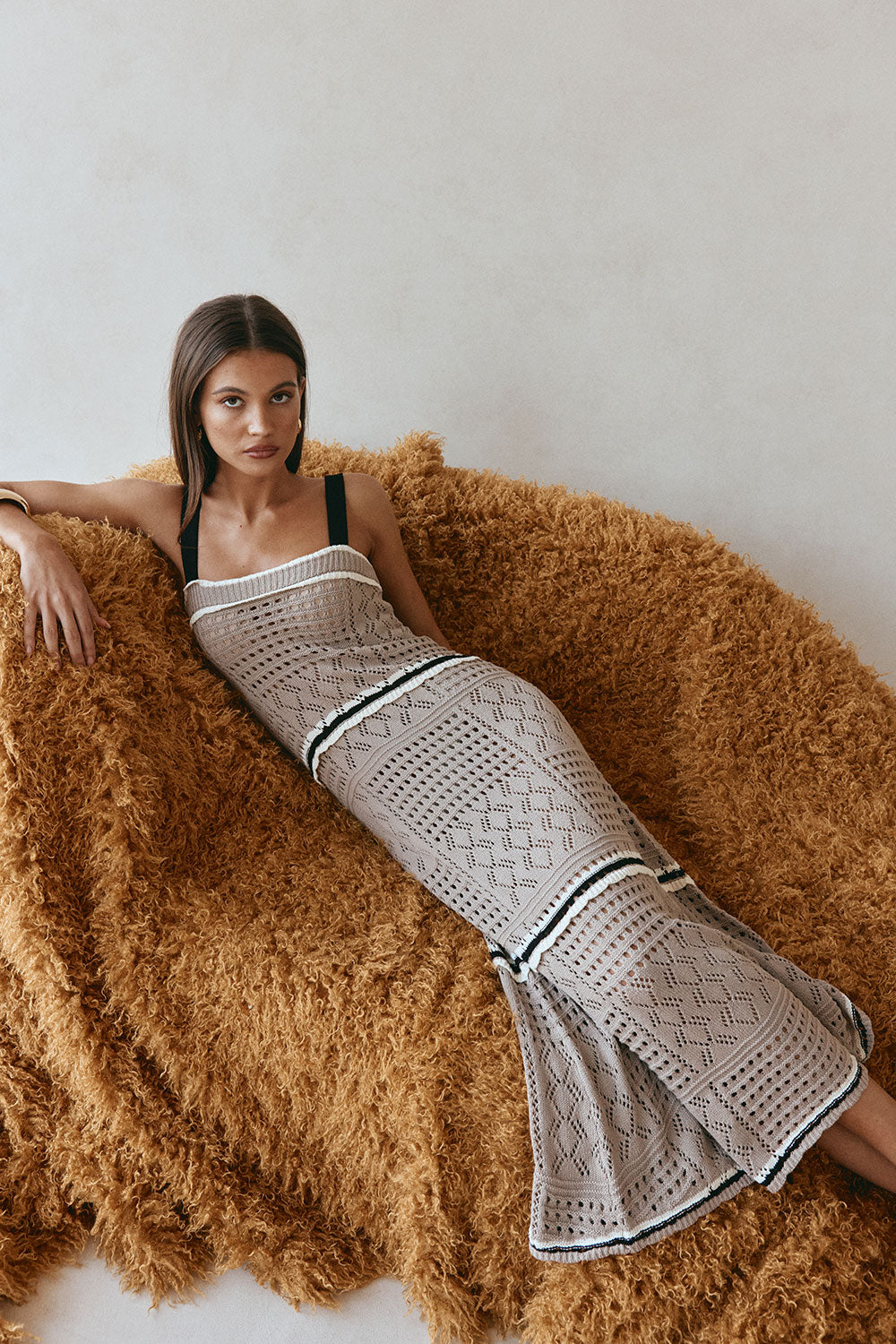 Tan Crochet Knit A Line Maxi Aliana Dress