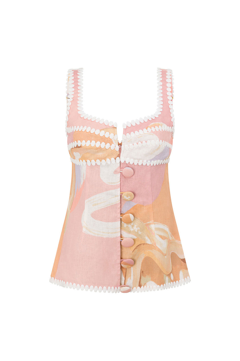 Ragazza Thick Strap Button Up Lace Top - Pink, White, Purple, OrangeTramonto Print