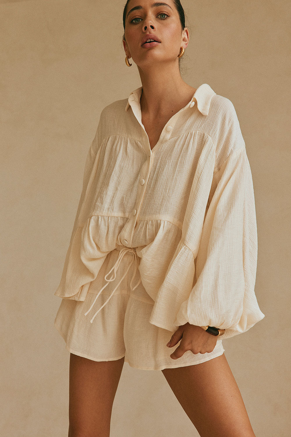 Cream High Waist Drawstring Panelled Huxley Shorts