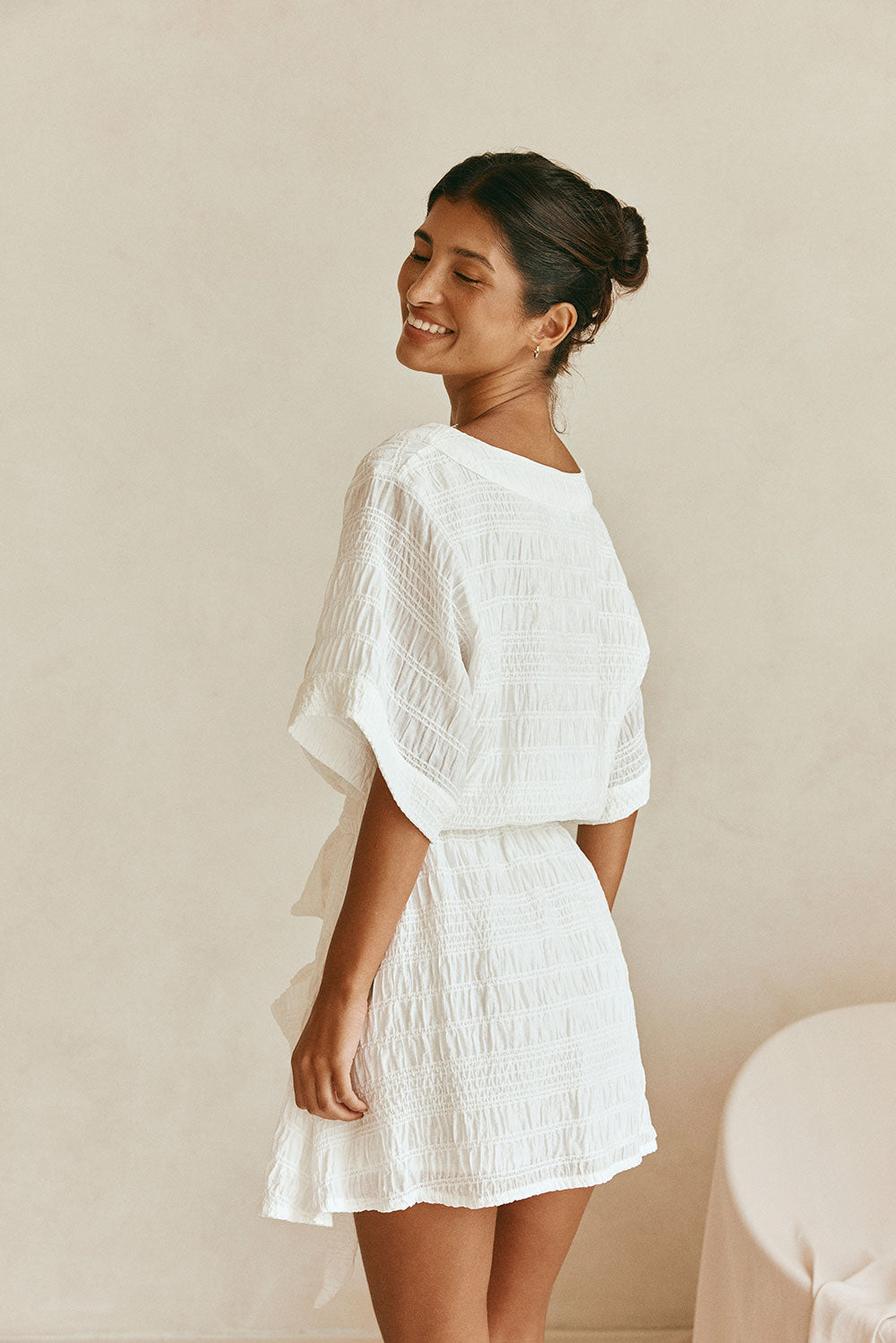 White Short Sleeve Button Mini Tarah Dress