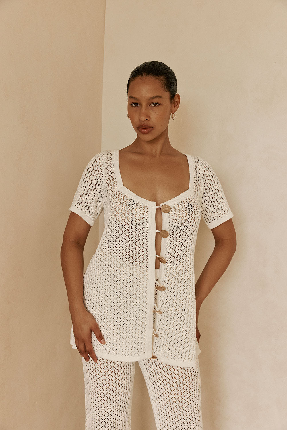 White Crochet Knit Button Up Milana Top