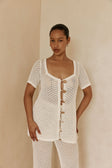 White Crochet Knit Button Up Milana Top