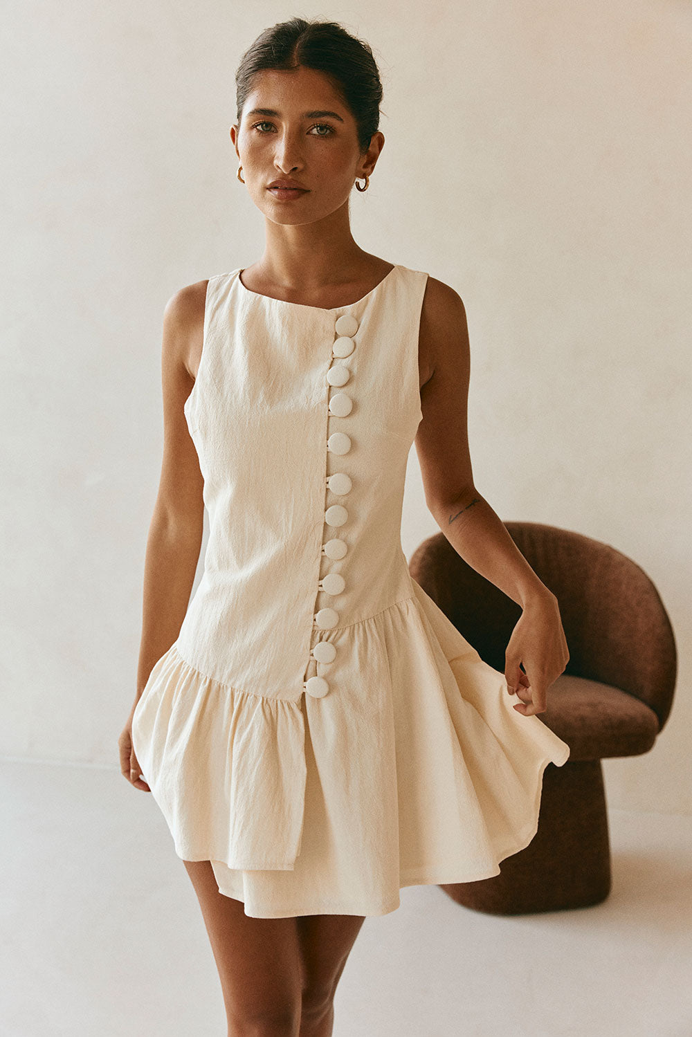 Cream Button-Up Mini Alfresco Dress