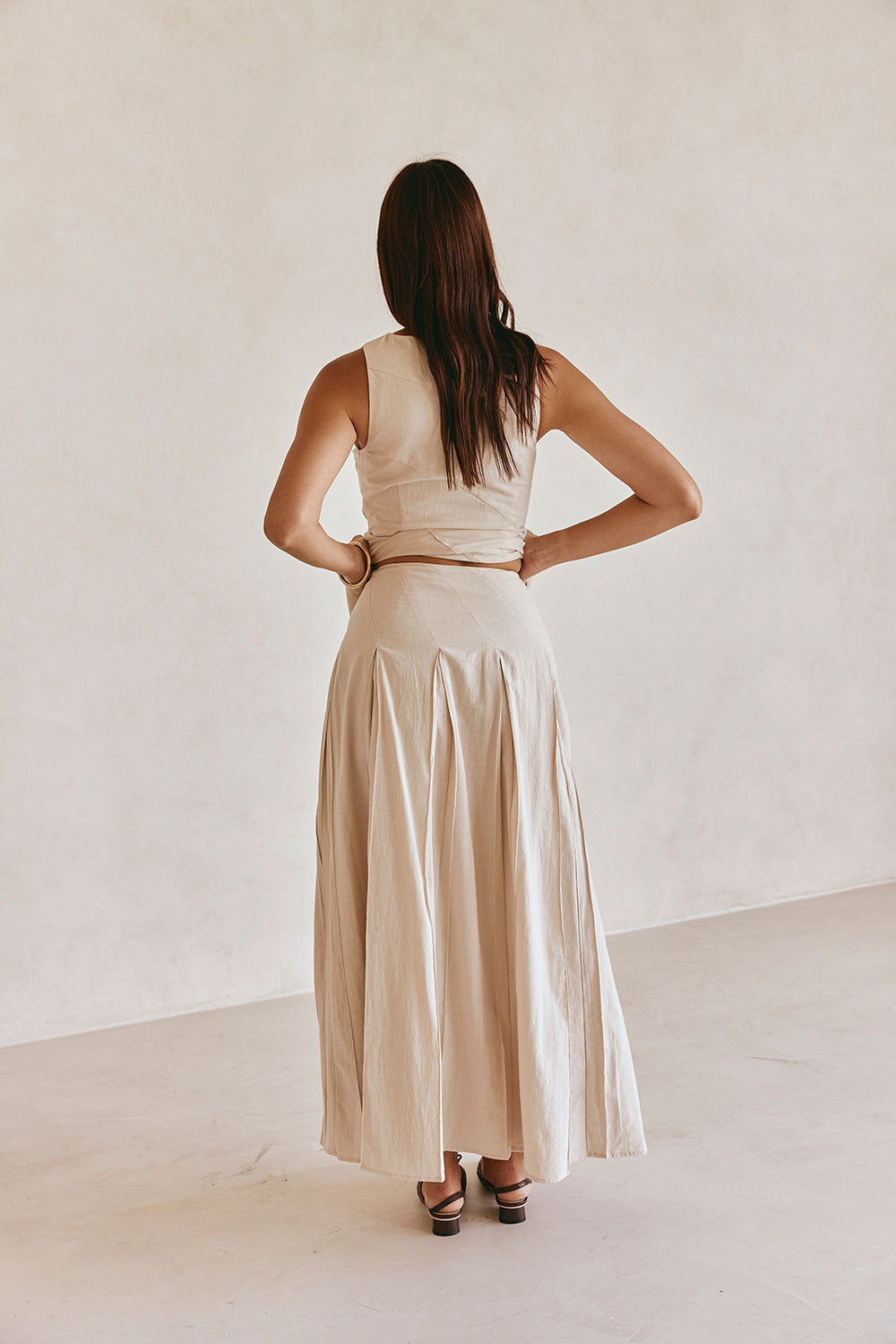 Beige Cotton A Line Pleated Maxi Adri Skirt