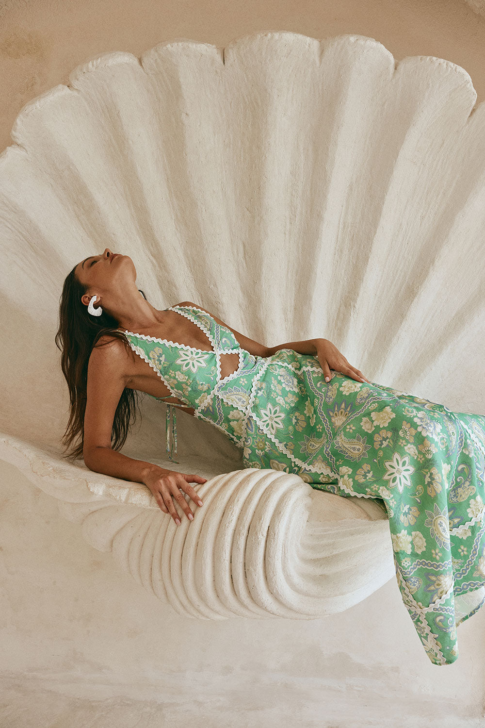 Green Floral Heritage Print V Neck Maxi Evia Dress