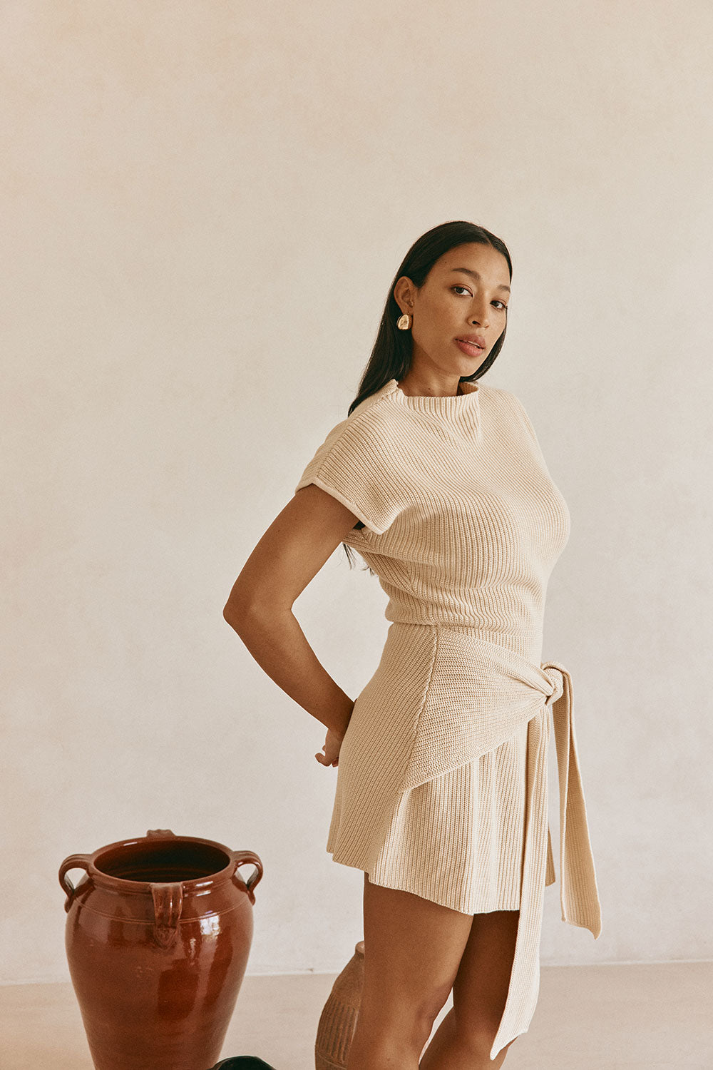 Beige Cotton Knit Draped Mini Lovina Dress