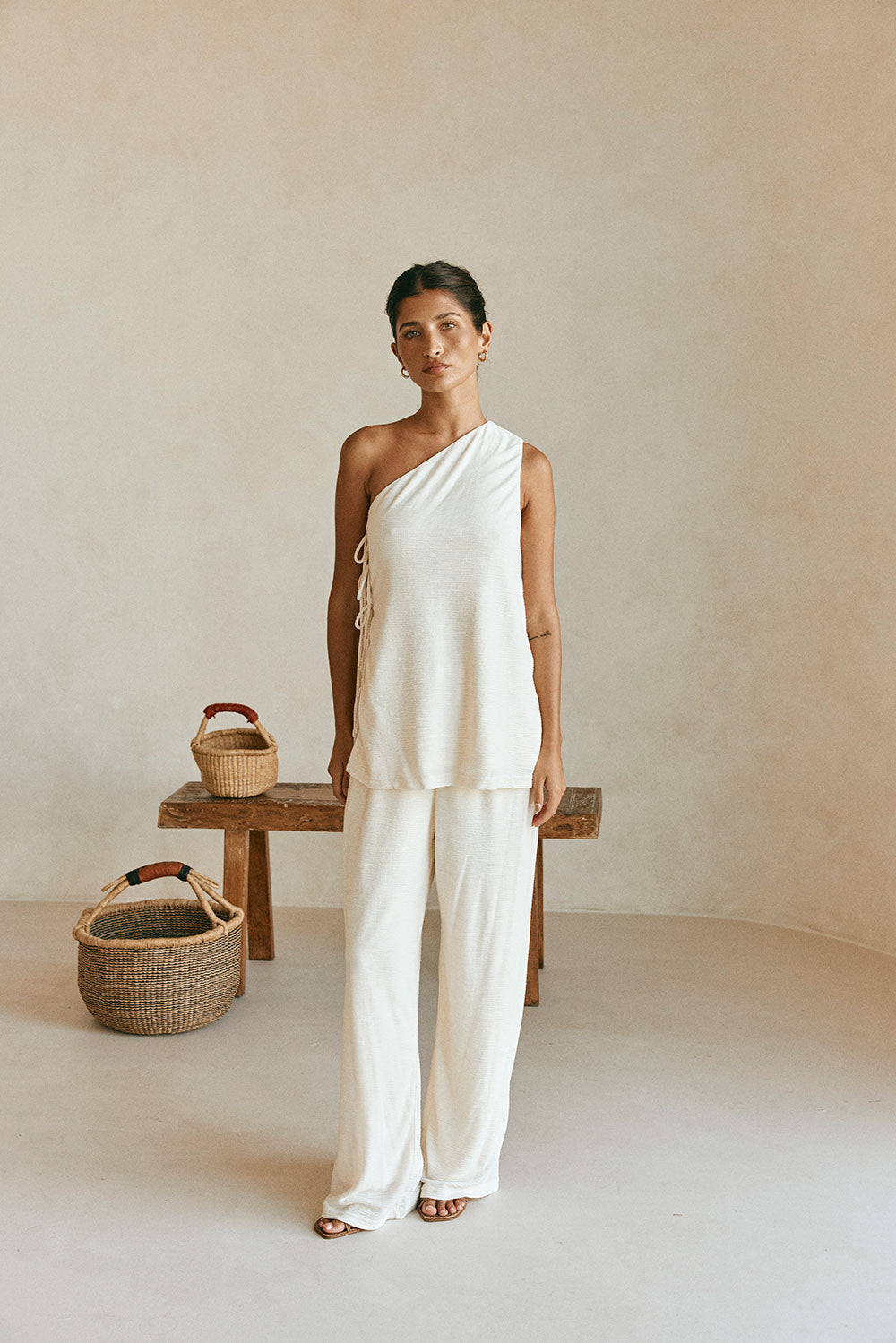 Cream One Shoulder Side Tie Zen Top