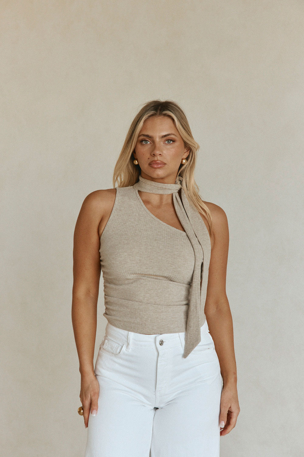 Beige Ribbed Asymmetric Neck Tie Mourno Top