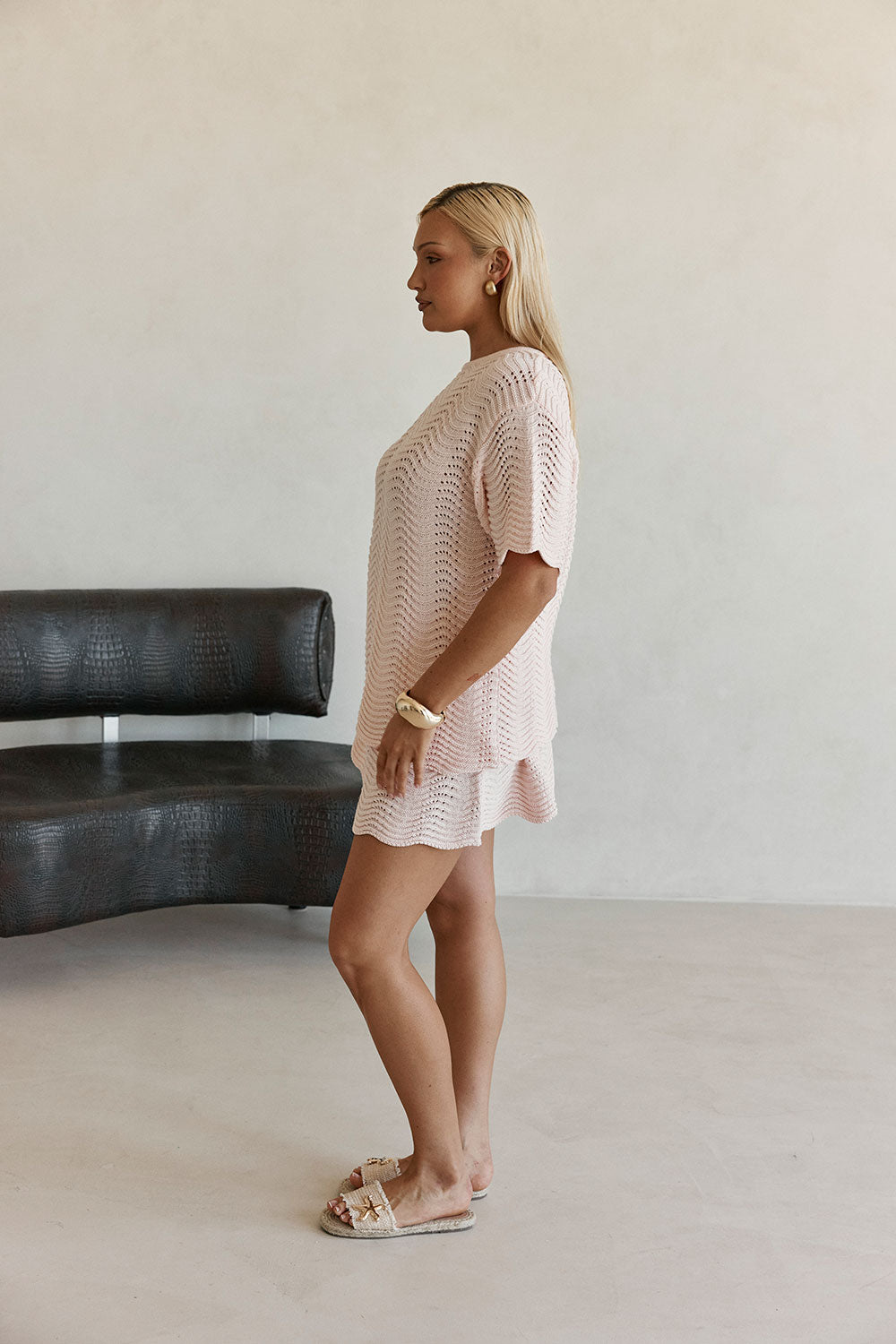 Blush Pink Wave Knit Short Sleeve Leah T Shirt Top