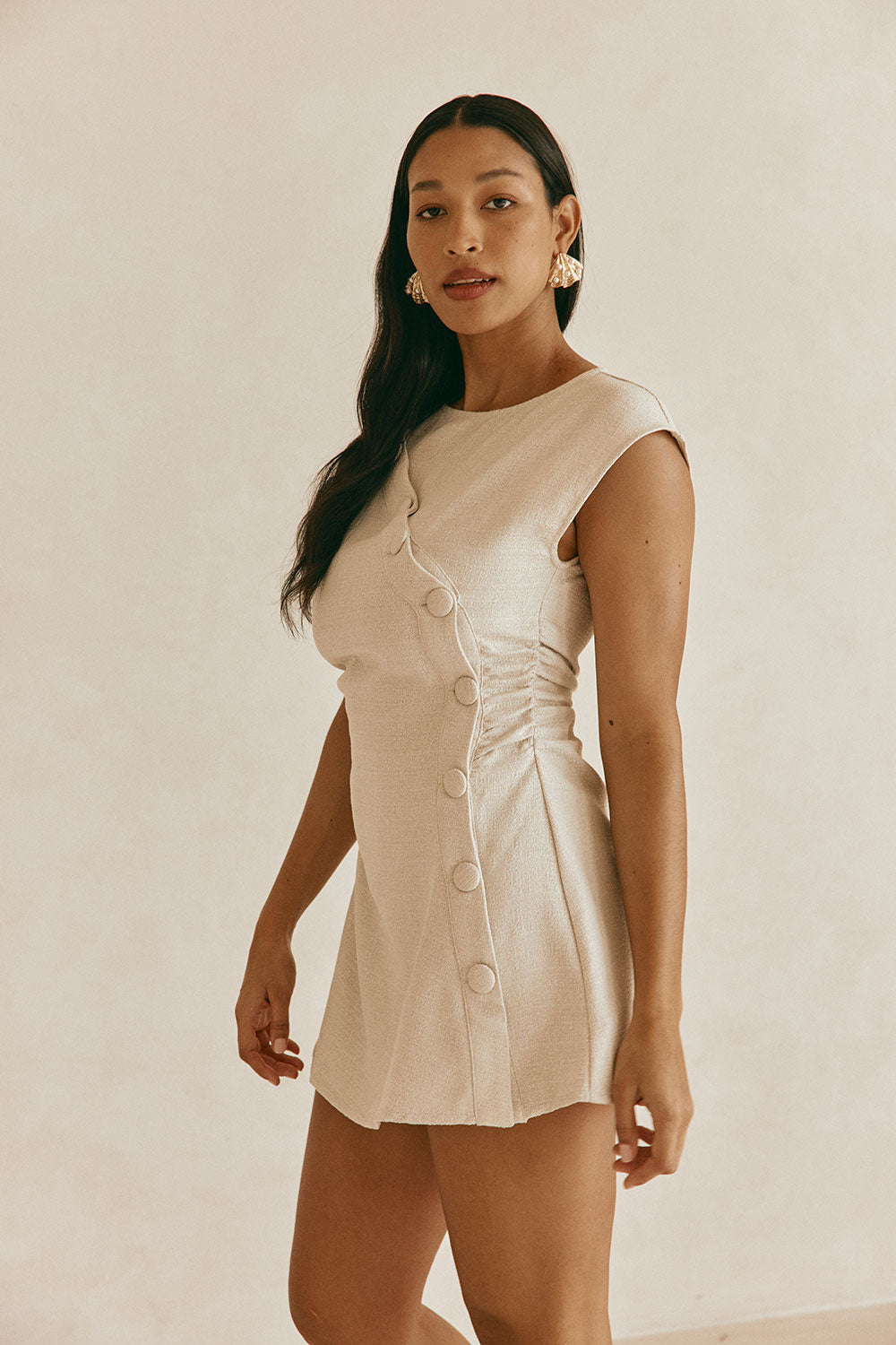 Beige Button Flared Mini Leighton Dress