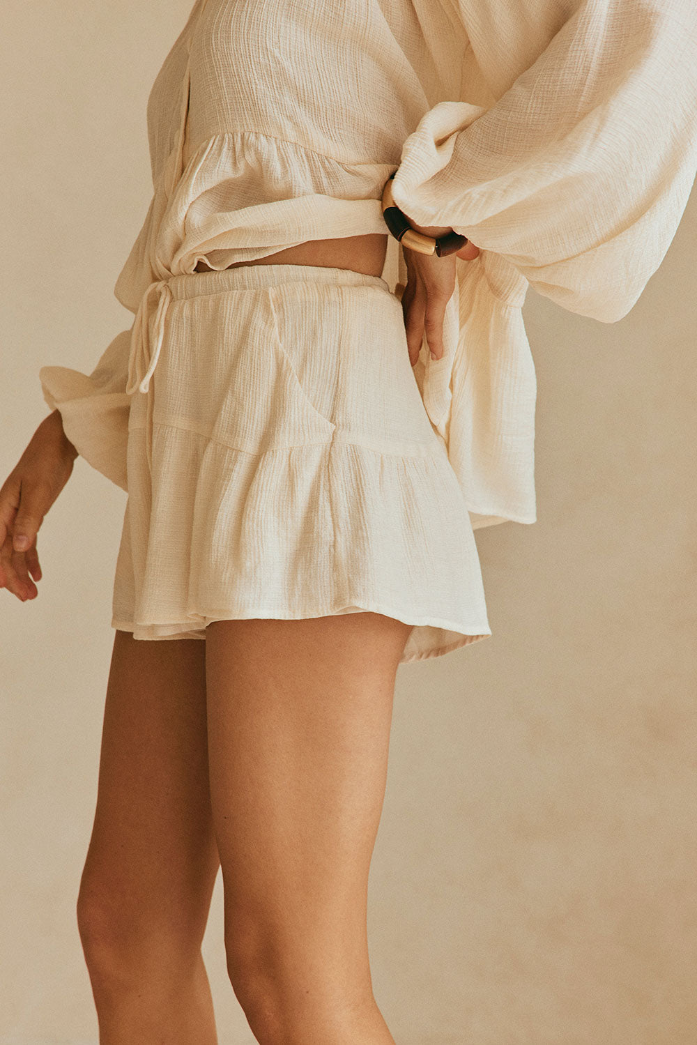 Cream High Waist Drawstring Panelled Huxley Shorts