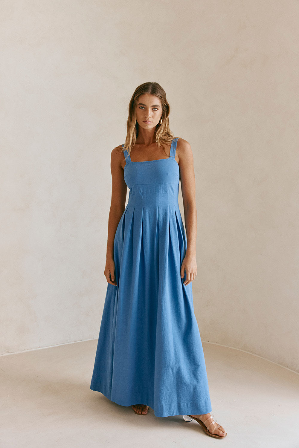 Blue Pleated Full Maxi Flore Dress