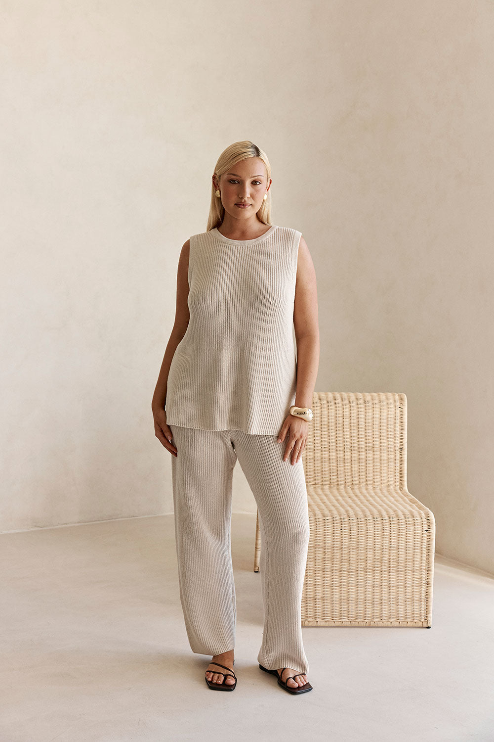 Beige Cotton Knit Round Neck Maxine Tank Top