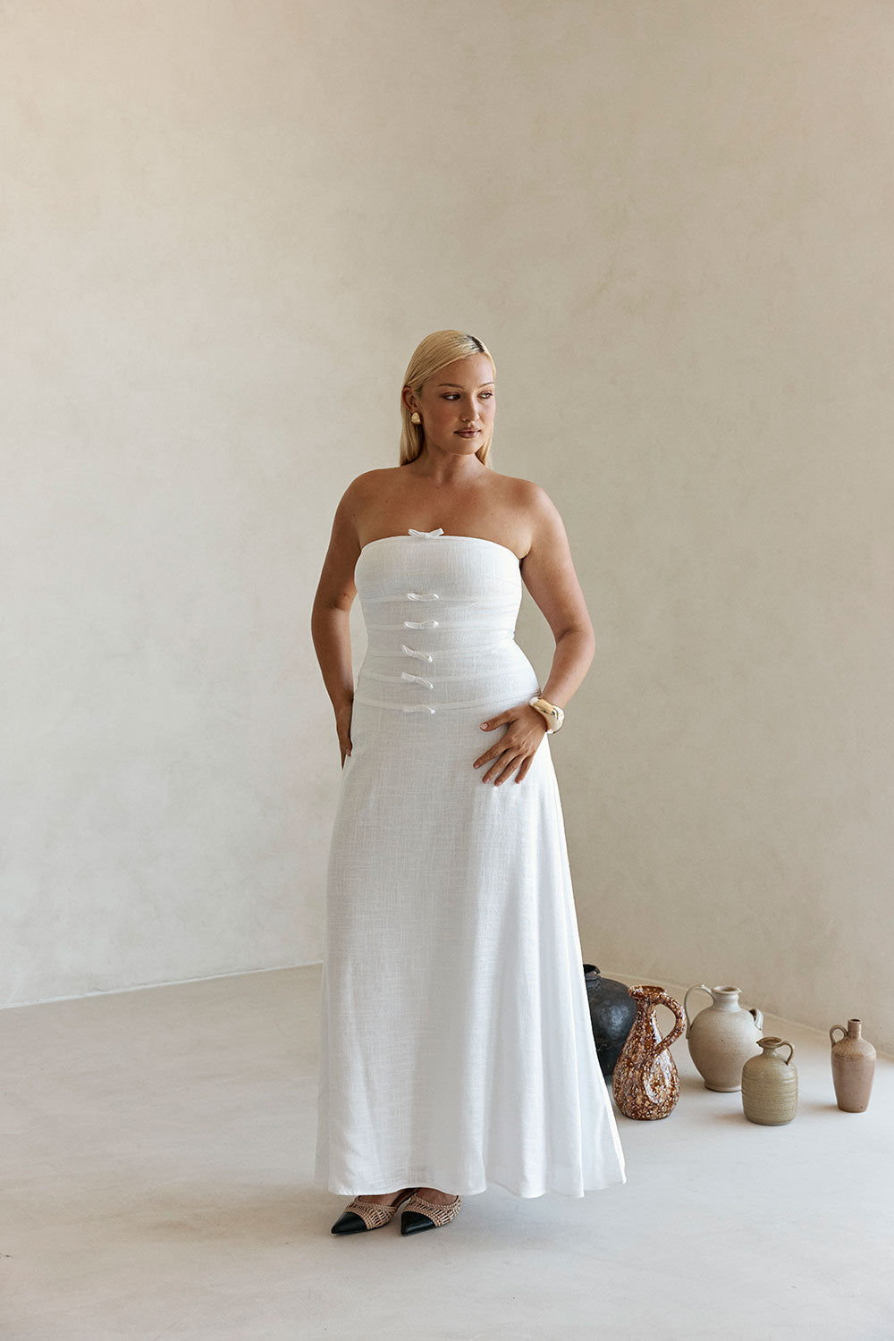 Bridal White Strapless Bow Palais Maxi Dress