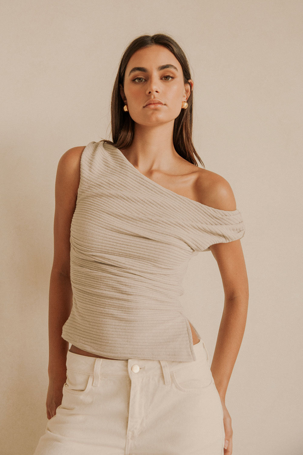 Grey Ribbed Asymmetric Ruched Deni Top