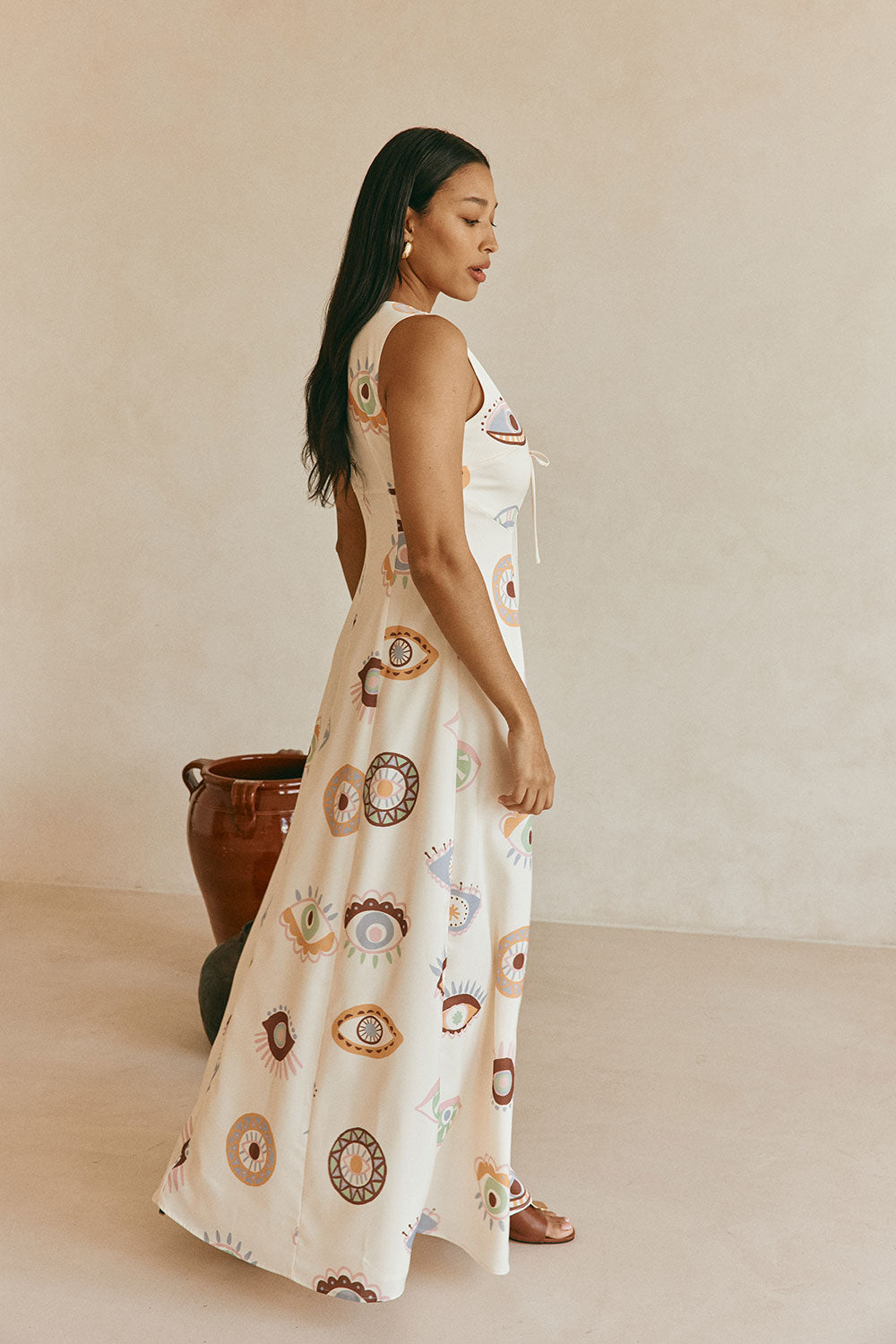 Cream Matia Print V Neck Maxi Serene Dress