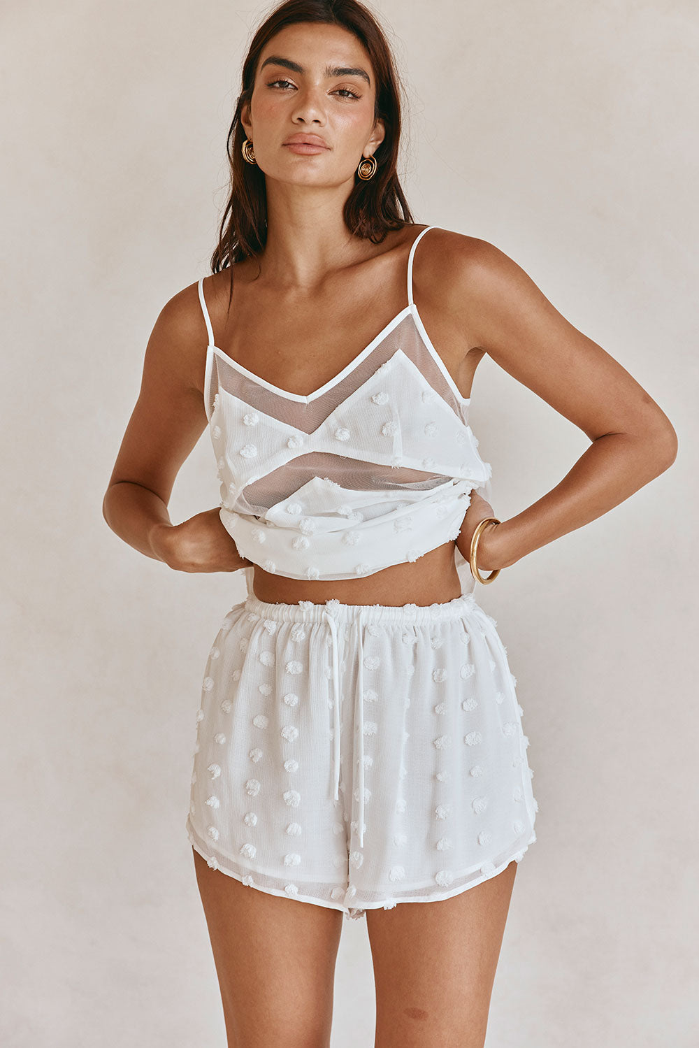 White Textured Spots Drawstring Jacerra Shorts