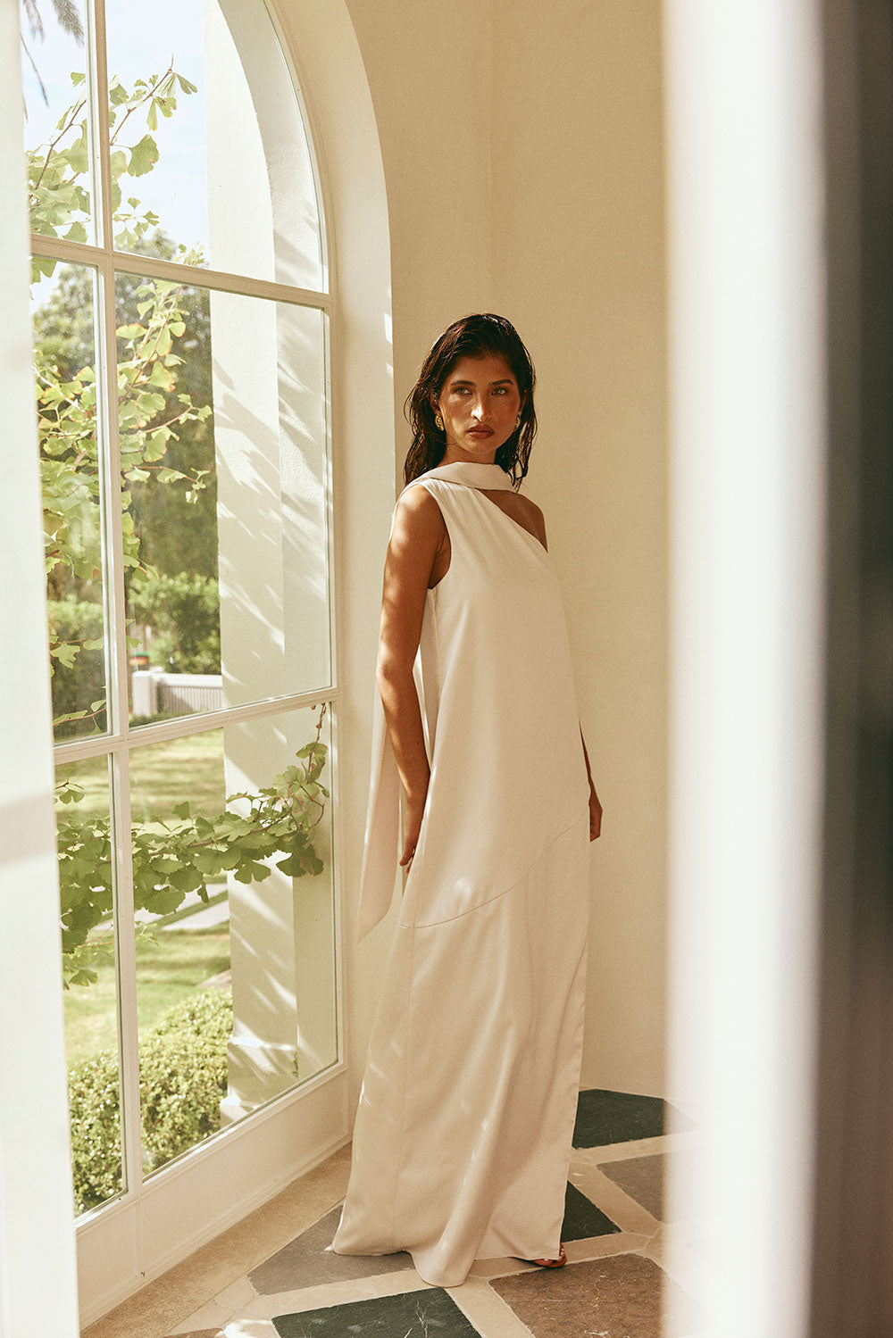 Champagne Scarf Asymmetrical Split Maxi Elise Dress