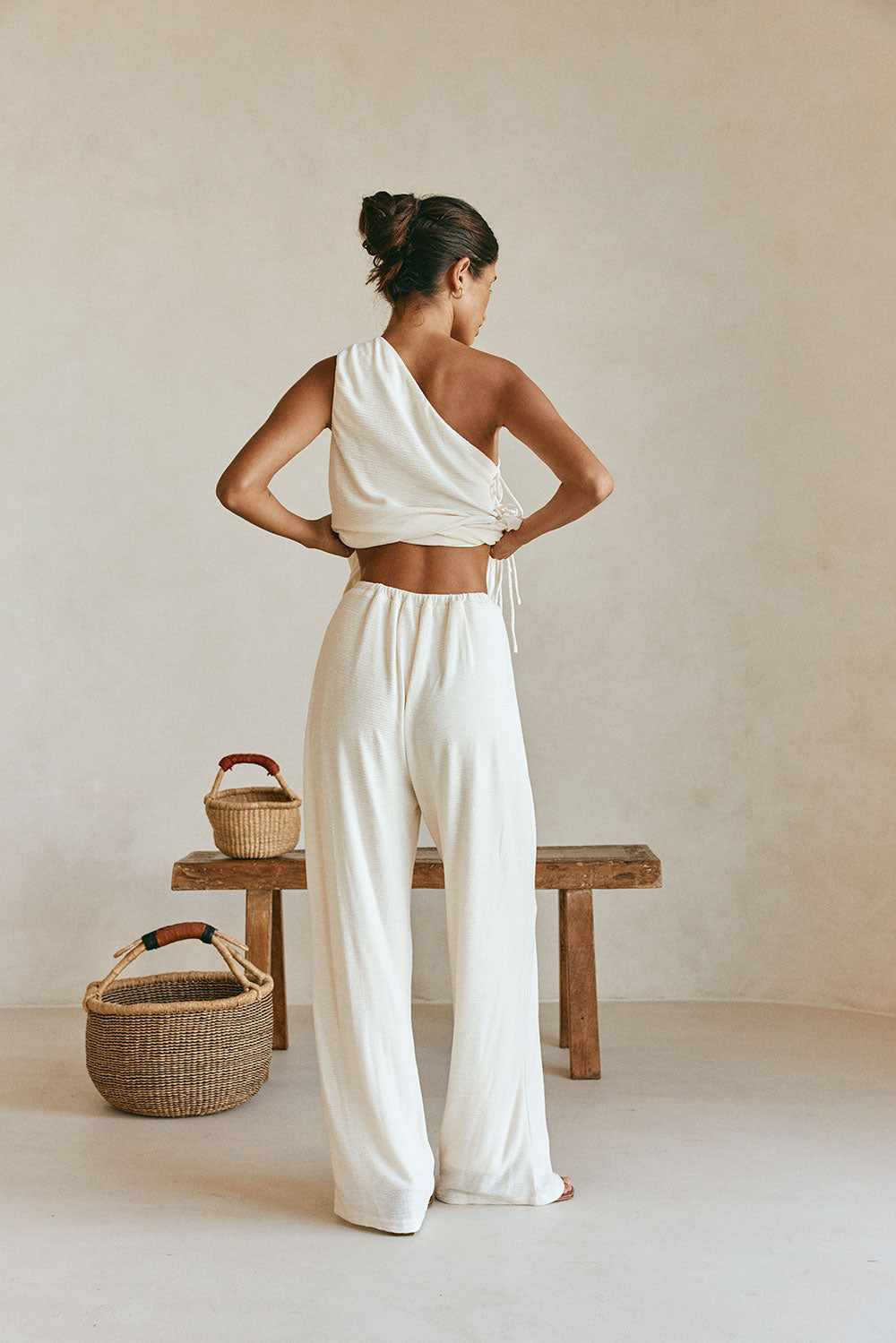 Cream High Waist Elastic Drawstring Zen Pants