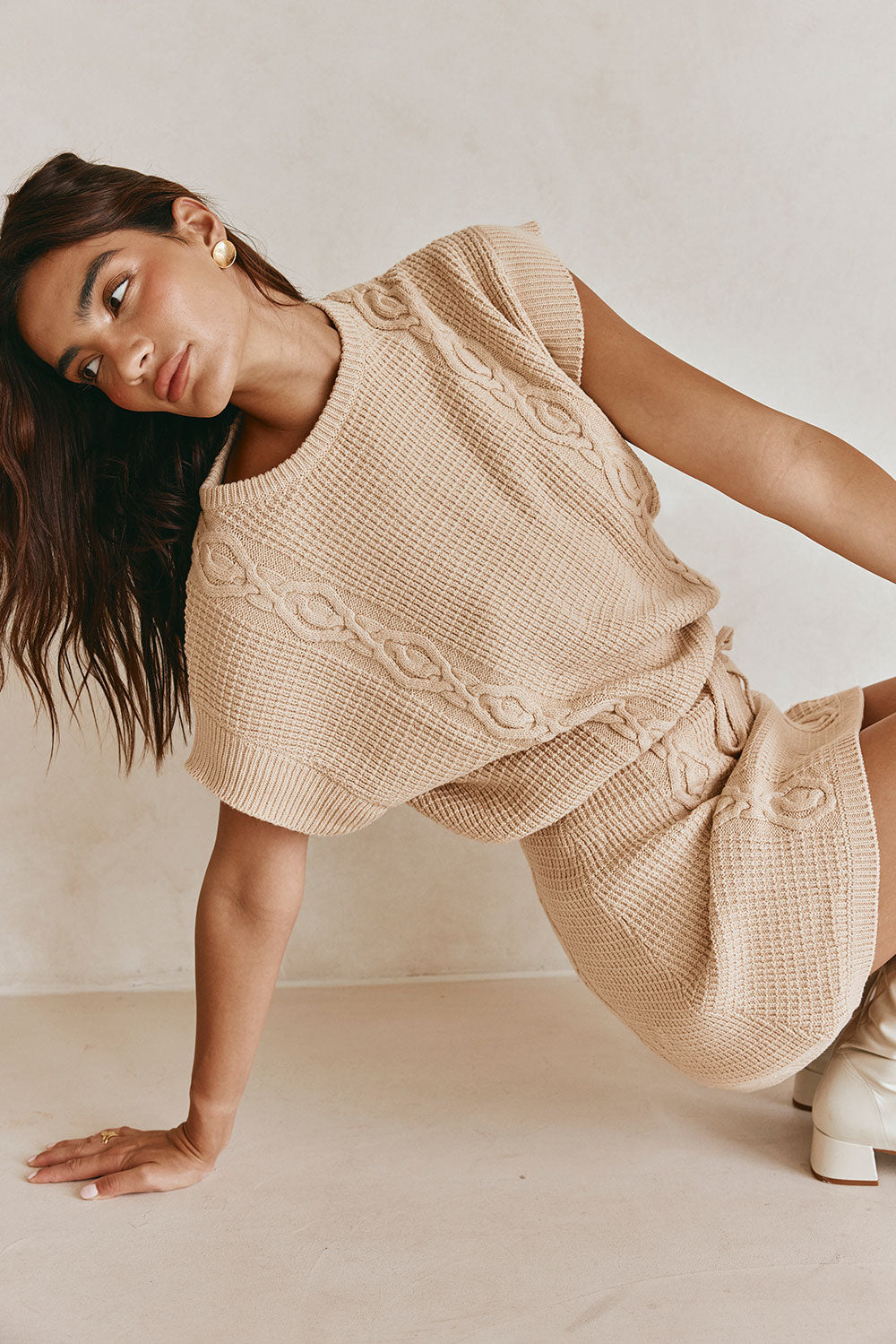 Tan Knit Short Sleeve Mini Saphira Dress