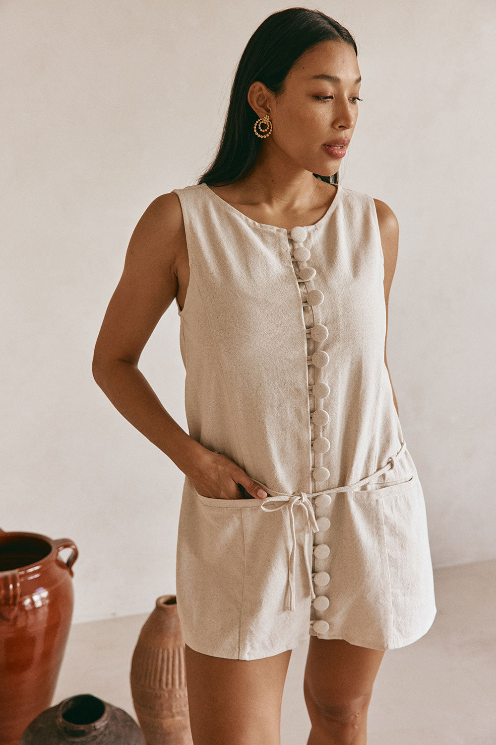 Beige Button Up Mini Alianna Dress