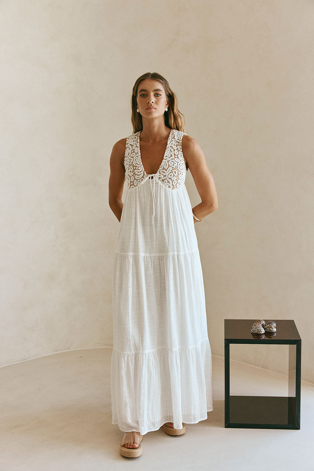 Bridal White Lace Pocket Maxi Amia Dress