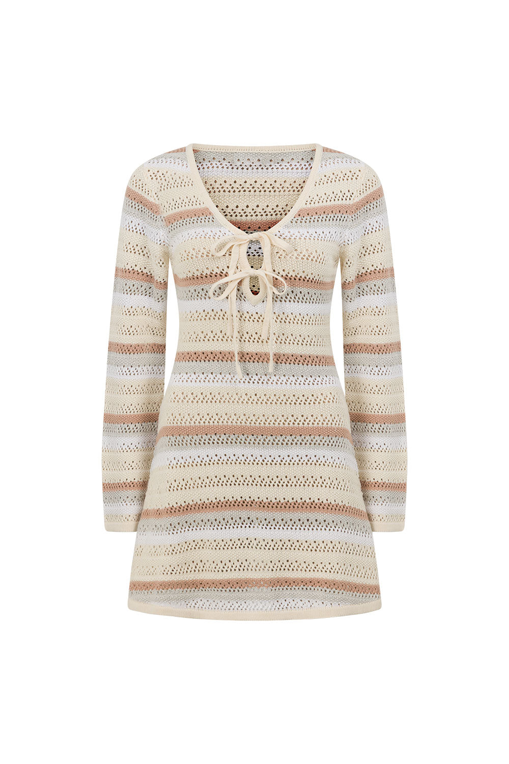 Cream Stripe Knit Long Sleeve Mini Veya Dress