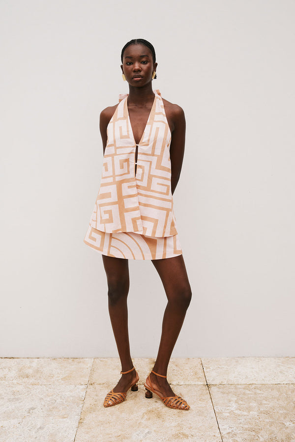 Pink Hellenic Maze Backless V-Neck Halter Mini Alora Dress