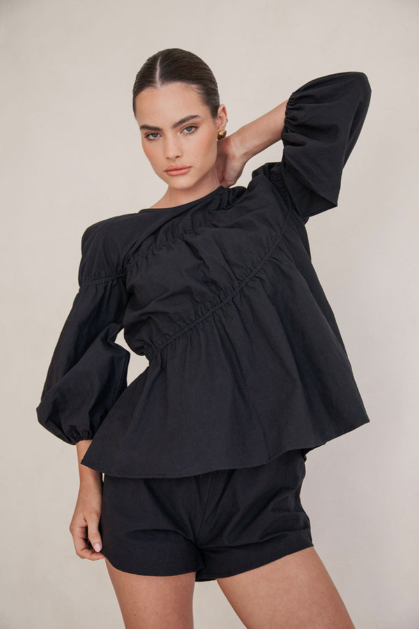 Black Long Sleeve Panelled Flounce Akel Top