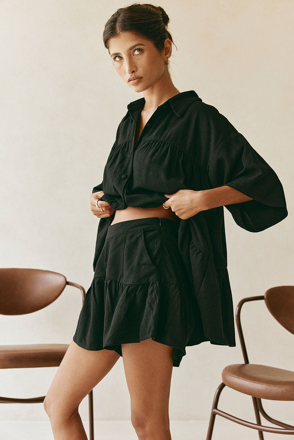 Black High Waist Gathered Flounce Panel Luna Shorts