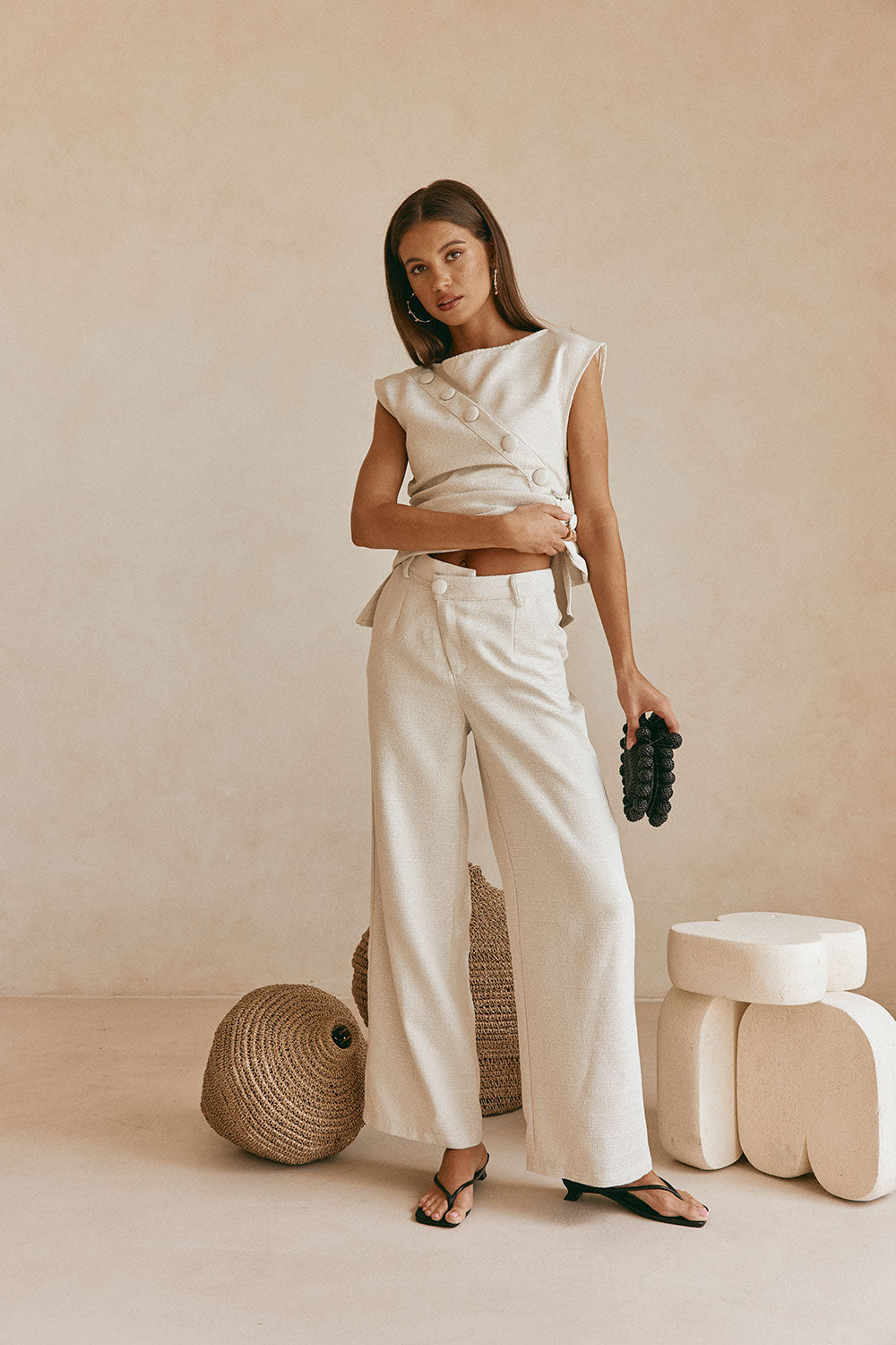 Beige Asymmetric Waist Straight Leg Azul Trouser Pants