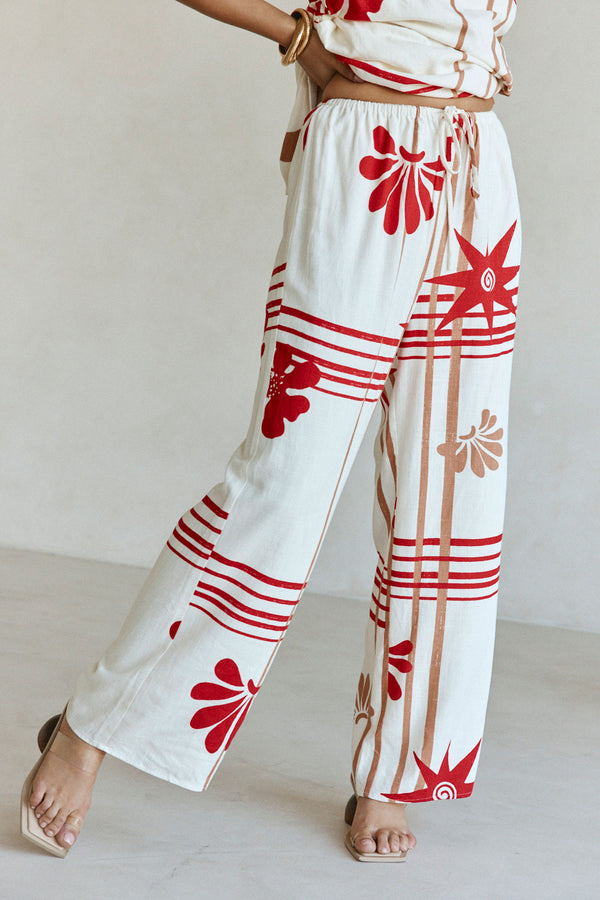 Cream Moana Red Print Elastic Drawstring Aspyn Pants