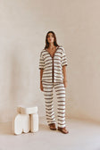 Mia Elasticated Pants - Cream, Brown stripe
