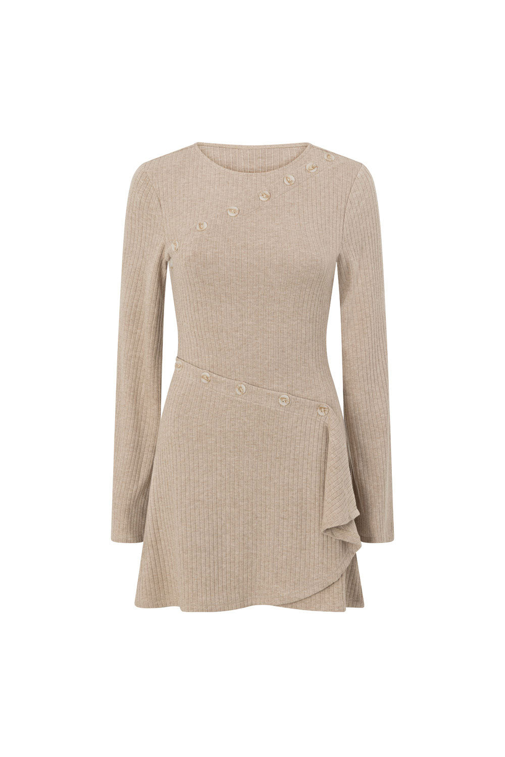 Tan Ribbed Long Sleeve Button Mini Alexia Dress