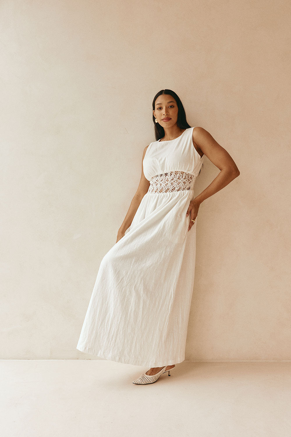 White Cotton Lace Gathered Maxi Cora Dress